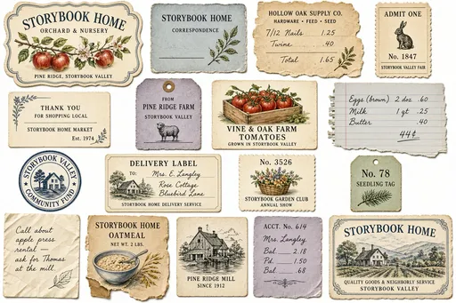 Create a varied collection of 14–18 separate Storybook Home ephemera pieces on a clean natural-white background.

These are small surviving paper things gathered over time from the businesses, farms, gardens, households, markets, and everyday life of Storybook Valley. They should feel like original found artifacts rather than newly designed vintage-style printables.

The purpose of this collection is to visually bridge the full watercolor world of Storybook Home with its commercial printing, handwritten records, rural packaging, domestic papers, and everyday ephemera.

Treat the entire sheet as a curated visual collection, not a catalog of matching label templates. Exercise independent design judgment.

Invent each piece according to its own imagined purpose. Allow substantial differences in size, proportion, shape, visual weight, color, typography, illustration, and empty space. Let the content determine the form rather than placing different designs inside predetermined tag shapes.

Include a natural mixture of found paper things: illustrated labels and tags, small trade or correspondence cards, merchant marks and seals, tickets, packaging remnants, produce or farm labels, small receipts or account fragments, handwritten notes, numbered slips, advertising pieces, and a few ambiguous little scraps whose original purpose is not completely explained.

Do not make every artifact equally elaborate or informative. Some pieces may contain only a number, small image, merchant mark, handwritten notation, or fragment of printing. Others may be more complete.

VISUAL RHYTHM

Compose the collection for visual rhythm across the entire sheet.

Create a few larger dominant pieces, several medium pieces, and a scattering of smaller incidental pieces. Balance richly illustrated objects against very quiet ones.

Allow some artifacts to contain generous blank paper. A small correspondence label might contain one botanical corner and a blank writing line. A numbered ticket might contain little more than an image and number. A merchant seal may be purely graphic. A receipt may contain considerably more information.

Avoid making every piece approximately equal in visual importance.

Avoid repeating one label architecture, border style, tag silhouette, or decorative formula throughout the collection.

BRIDGE BETWEEN ART AND PRINT

Allow different visual languages to coexist naturally.

Some pieces may contain small transparent Storybook Home watercolor illustrations: fruit branches, oak sprigs, flowers, birds, baskets, produce crates, watering cans, farm buildings, rural landscapes, orchard rows, animals, or other appropriate Storybook Valley subjects.

Other pieces may use fine monochrome or single-ink commercial illustration, resembling restrained early-twentieth-century engraved or pen-and-ink printing.

Some should be hybrids: a commercial label with a small watercolor branch; a monochrome merchant mark beside a softly painted landscape; a printed rule interrupted by watercolor foliage; a numbered ticket containing a small painted crate or rural object.

A few pieces should be dominated by typography, handwriting, rules, numbers, or open writing space with little or no illustration.

Do not put flowers or botanicals on everything.

COLOR

Coordinate the collection through a restrained Storybook Home palette rather than making all the pieces match.

Use natural white, quiet ivory and pale buff paper; dusty indigo and blue-gray; muted sage and olive-gray; soft fern; warm stone; weathered wood brown; restrained brick red; muted ochre; lavender-gray; graphite gray and charcoal.

Individual artifacts should generally use only the colors they naturally need.

Some may be monochrome dusty blue. Some may use charcoal printing only. Some may carry faded brick-red printing. Some may contain fuller transparent watercolor. Others may remain almost entirely neutral.

Allow color to recur irregularly across the whole collection so that the sheet feels visually balanced without appearing deliberately color-matched.

Avoid an overall yellow, beige, brown, golden, or sepia cast.

STORYBOOK VALLEY

Use entirely fictional Storybook Valley farms, growers, merchants, markets, nurseries, suppliers, household businesses, and community organizations.

Allow occasional names, marks, products, or locations to recur so that apparently unrelated pieces quietly reveal connections to the same community.

Use restrained period commercial typography, small capitals, serif lettering, numbers, prices, fine rules, merchant marks, practical handwritten entries, and simple ornaments where appropriate.

Keep text subordinate to the visual collection. Do not make every artifact explain itself completely.

HANDLED, WORKING PAPER

These are working paper objects that have had a life. They have been carried, folded, written upon, handled across counters, tucked into pockets, stored in drawers and boxes, pinned up, bundled with goods, or saved among household papers.

Preserve visible evidence of ordinary use.

Allow individual papers to be slightly wrinkled, softly buckled, creased, rubbed, scuffed, thumbed, and unevenly worn. Corners may be softened from handling, bent, rounded, slightly crushed, dog-eared, or occasionally missing a tiny piece.

Edges may be abraded, frayed, irregularly torn, lightly dirty, softened, or uneven.

Include localized handling grime and irregular discoloration where believable: faint gray-brown finger soil along an edge, dirt caught within a crease, a small smudge, an isolated stain, a pale water tide, a tiny ring or spot, or a rubbed patch where the paper was repeatedly handled.

Some artifacts may contain stray graphite, erased calculations, faint pencil marks, ink smudges, pressure marks, pinholes, staple marks, old fold lines, tiny punctures, or remnants of adhesive.

Let printed material wear with the paper. Portions of rules, lettering, numbers, illustrations, borders, and merchant marks may become rubbed lighter, broken, faded, slightly smudged, imperfectly transferred, or partially lost across folds and abrasions.

Give every artifact a different history.

One piece may be badly wrinkled but fairly clean. Another may have a folded corner and rubbed printing. Another may carry a small dirty fingerprint or water mark. A frequently handled ticket may be substantially battered, while a correspondence card stored in a drawer remains comparatively clean. A package label may show abrasion where it once rubbed against other goods.

Do not apply identical distress to every object.

Do not achieve age by covering everything with uniform brown staining, sepia tint, artificial grunge, heavy foxing, burned edges, or decorative tears.

The grit should arise from specific physical evidence of handling and use, not from a generic vintage texture overlay.

Papers should remain attractive and usable despite their imperfections.

HANDWRITING

Where handwritten commercial or practical entries appear, favor ordinary graphite pencil: soft gray, slightly variable pressure and density, practical everyday handwriting, occasional corrections or faint erased marks.

Do not make all handwriting elegant calligraphy or decorative script.

DECORATIVE RESTRAINT

Decoration should arise naturally from the individual artifact.

Some pieces may have a thin printed frame, fine rule, merchant medallion, tiny diamond or star mark, restrained botanical interruption, or simple corner ornament. Others should have no decorative border whatsoever.

Do not make every object an ornate framed label.

Allow occasional watercolor or botanical elements to cross or interrupt printed structures naturally. These small interactions help connect Storybook Home's watercolor world with its printed cultural world.

PRESENTATION

Present every piece straight-on, completely visible, separate, and easy to extract, while preserving its natural wrinkles, creases, buckling, battered edges, and imperfect paper surface.

Do not flatten away the evidence of use.

Leave generous clean space between pieces. Nothing overlaps or touches another artifact. Nothing is cropped by the canvas.

No tabletop scene, surrounding props, ribbons, clips, flowers, hands, dimensional mockup presentation, or dramatic cast shadows.

OVERALL CHARACTER

The finished sheet should feel like a box of interesting paper things saved from the same place over many years.

Some were saved because they were useful. Some because they were attractive. Some simply survived.

They should not look like a coordinated set of vintage scrapbook labels.

Let watercolor, line drawing, commercial printing, handwriting, typography, quiet blank paper, dirt, wrinkles, wear, and imperfect edges coexist naturally.

Create cohesion through shared Storybook Valley identity, compatible materials, recurring restrained colors, related artistic character, and quiet connections among the artifacts—not through identical shapes or matching decoration.

Preserve irregularity, surprise, tactile imperfection, and quiet grit.