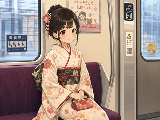 Cartoonish Japanese girl in kimono sitting in the metro.