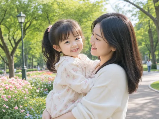 可爱小女孩儿被妈妈抱着在公园