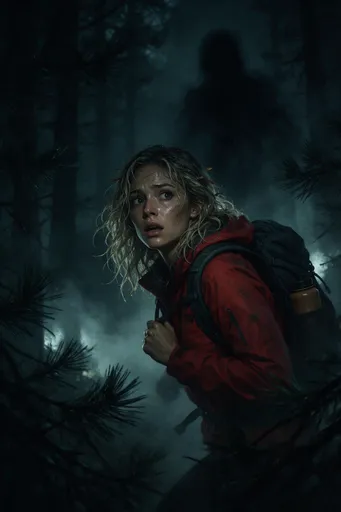 A dark, moody digital painting in a cinematic horror-fantasy style. A young woman with wavy, sweat-damp, dirty-blonde hair runs through a dense misty forest, glancing back in fear, mouth slightly open, eyes wide, face glistening with sweat, a few pine needles caught in her hair. She wears a bright red/orange technical hiking jacket over a large gray hiking backpack strapped to her shoulders, with a tan water bottle in a side pocket. Behind and above her looms an indistinct dark silhouette its form blurred and fuzzy at the edges, dissolving into the surrounding fog with no clear outline or defined features, barely perceptible against the black-green background. Pine tree branches frame the foreground on the left and right edges. Lighting is low-key and cold, with a single soft light source illuminating her face while the rest of the scene fades into deep shadow. Painterly brushwork, high detail on the face, atmospheric fog, vertical portrait composition, muted teal-and-crimson color palette, horror/thriller book-cover aesthetic.