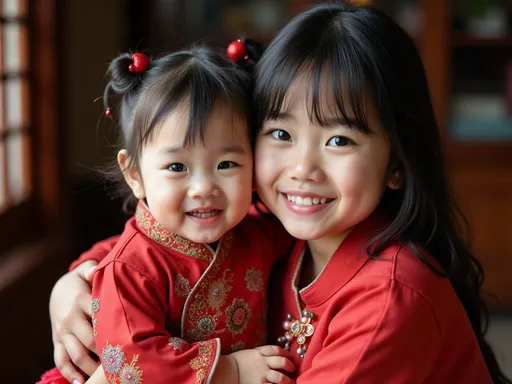 A toddler dressed in traditional Chinese clothing, gently held by their young sister, warm sibling affection, natural expressions, intricate embroidered fabric details, soft flattering light, balanced portrait composition, realistic skin tones, softly blurred background, authentic and respectful depiction, high-detail photography.