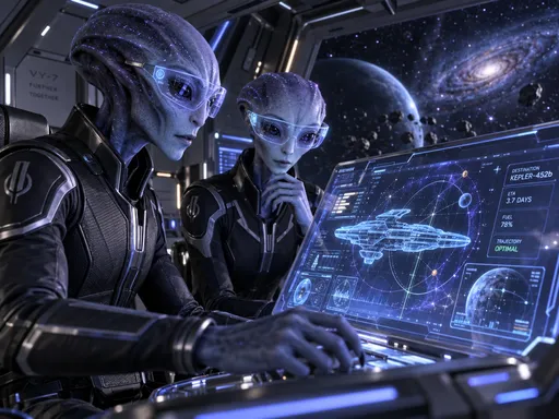 Two aliens wearing translucent holographic glasses inside a spaceship in deep space, both focused on a glowing spacecraft control screen. Medium cinematic composition with the aliens in the foreground and the luminous display clearly visible, surrounded by sleek metallic cockpit panels, subtle holographic interface reflections, distant stars through the window, cool blue and violet lighting, soft rim light, realistic materials, crisp details, immersive sci-fi atmosphere.